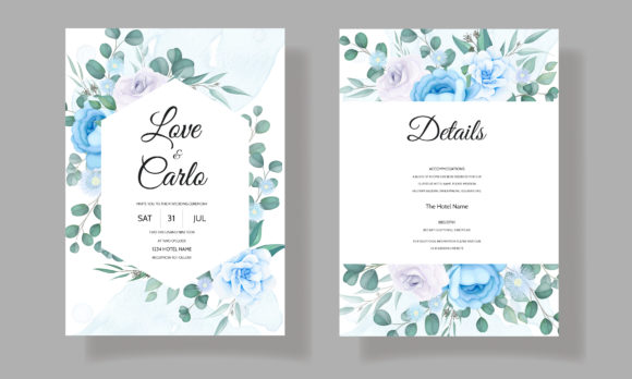 Modern Wedding Card with Blue Flower and Beautiful Floral Invitation Templates